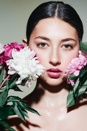 woman blush flower pink girl make-up beauty portrait face cosmetology modelの写真素材