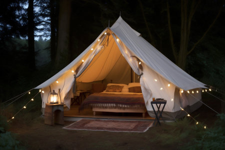 nature camping canvas forest light tent glamping travel vacation luxury. Generative AI.の素材
