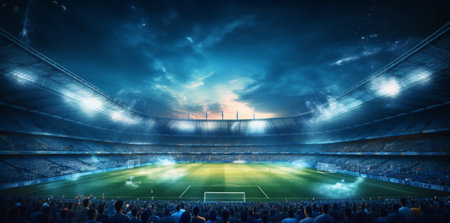 sport arena world stadium green light football soccer game goal. Generative AI.の素材