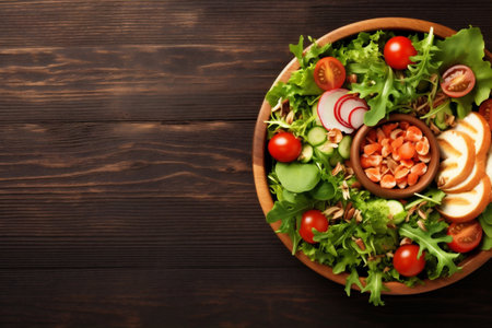 green healthy salad dark diet background black vegetarian fresh food vegetable. Generative AI.の素材