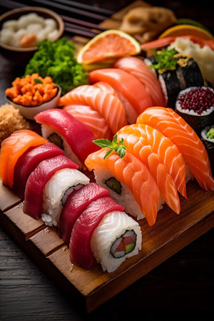 meal sushi rice set roll fish japan japanese seafood food. Generative AI.の素材
