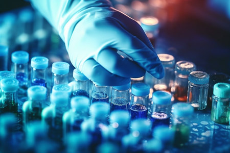 biotechnology experiment hand test medical tube medicine laboratory research science. Generative AI.の素材