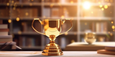 prize bokeh trophy competition gold cup champion award library celebration. Generative AI.の素材