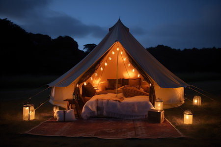 glamping nature luxury camping vacation tent light canvas forest travel. Generative AI.の素材