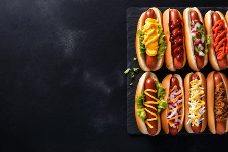 dog food hot fast meat sausage vegetable bread background sauce american. Generative AI.の素材