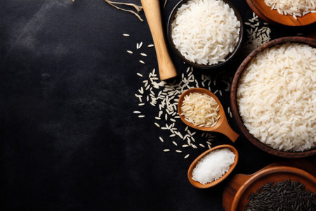 vegetarian healthy organic meal rice white asian diet grain food. Generative AI.の素材