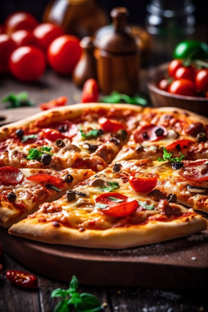 italian fast cheese food copy pizza meal background pepperoni food tomato space black. Generative AI.の素材