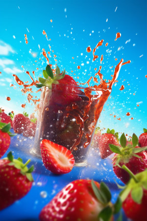 fruit background strawberry healthy food red freshness fresh blue water splash. Generative AI.の素材