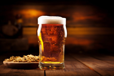 glass gold drink beer lager pint alcohol foam beverage pub. Generative AI.の素材