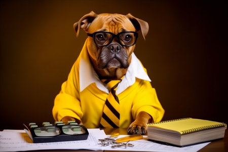 dog animal humor pet background banker financial funny business yellow finance. Generative AI.の素材