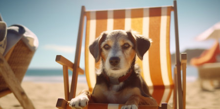 lazy dog chair relax funny sunglasses summer vacation pet beach. Generative AI.の素材