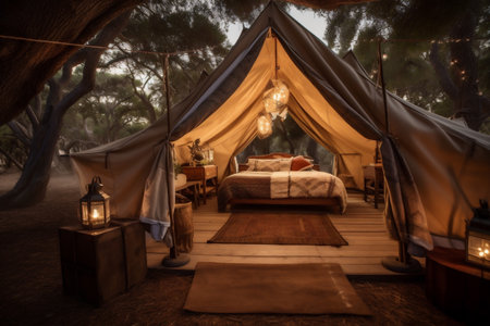 tent nature forest light glamping canvas travel vacation luxury camping. Generative AI.の素材