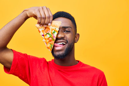 man guy online black smile obesity background food pizza food happy delivery fastの写真素材
