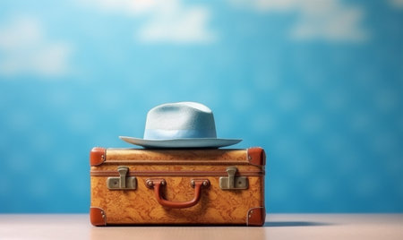 hat holiday trip vacation baggage suitcase blue background travel journey space. Generative AI.の素材