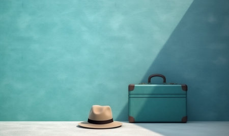large suitcase background baggage journey blue travel trip hat holiday vacation. Generative AI.の素材