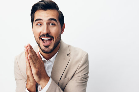 man winner model arm beige suit victory businessman hand business happyの写真素材