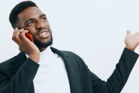 technology man young happy black mobile colorful smile african phone businessman