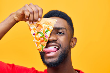 black man fast happy smile delivery afro background adult food pizza guy foodの写真素材