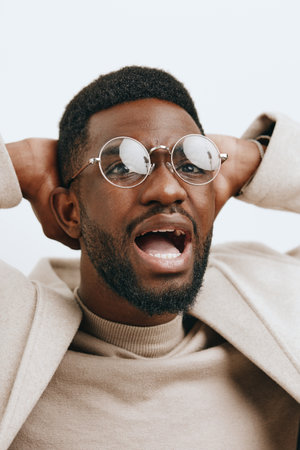 portrait man american jacket style african black fashion glasses beige model stylish