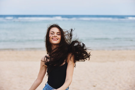smile woman sea travel shore lifestyle beach young sunset running summer