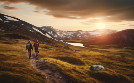 man person group travel tourist trekking hiking walking lifestyle nature mountain. Generative AI.の素材