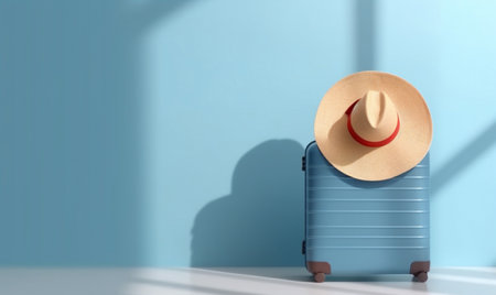 background baggage vacation trip space holiday suitcase journey blue hat travel. Generative AI.の素材