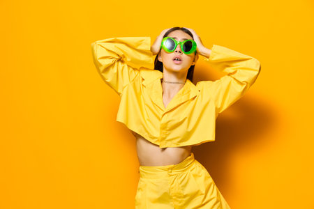 woman fashion outfit young sunglasses yellow attractive lifestyle trendy girl beautifulの写真素材