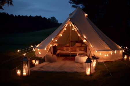 vacation glamping travel nature canvas light camping forest tent luxury. Generative AI.の素材