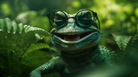 green portrait close-up wildlife reptile glasses iguana lizard scale animal. Generative AI.の素材