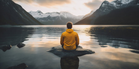 man travel hiking river nature mountain lake water cape yellow back. Generative AI.の素材