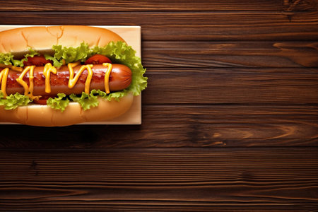 bread dog sauce sausage hot meat background american food fast vegetable. Generative AI.の素材