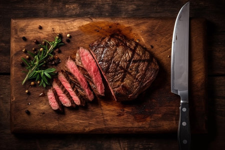 dark raw red fresh fried grill meat food background steak beef. Generative AI.の素材