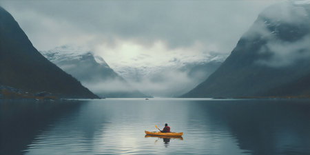 man lake back yellow cape travel hiking adult nature water mountain. Generative AI.の素材