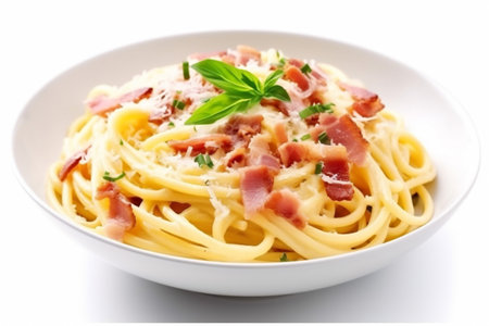meat food bacon carbonara pasta sauce italian spaghetti cheese meal. Generative AI.の素材