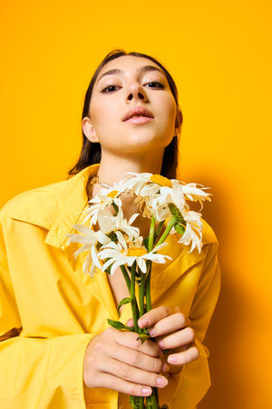 flower woman chamomile freedom smile pretty happiness model portrait young yellowの写真素材