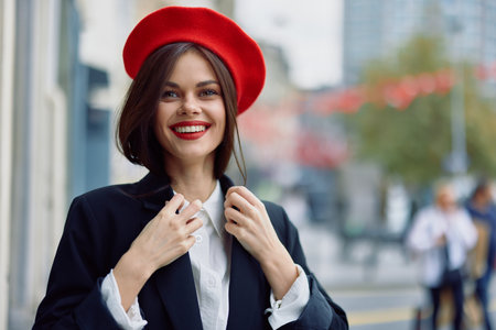Fashion woman smile spring walking in the city in stylish clothes with red lips and red beret, travel, cinematic color, retro vintage style, urban fashion lifestyle.の写真素材