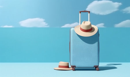 suitcase blue holiday vacation background trip journey hat transportation travel baggage. Generative AI.の素材