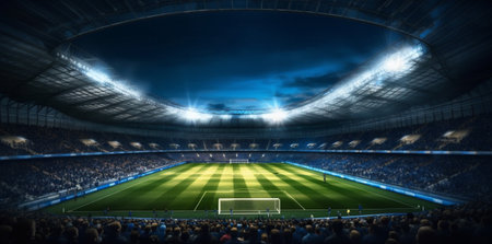 arena soccer light stadium green goal world football game sport. Generative AI.の素材