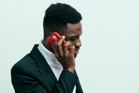 man phone young african cellphone happy black smile mobile businessman technologyの写真素材