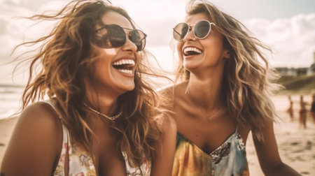 happy sunglasses joy lifestyle beauty friends friendship young fun summer. Generative AI.の素材