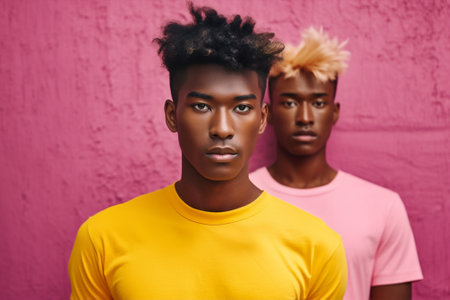 yellow man portrait black pink trendy lifestyle group studio fashion friends. Generative AI.の素材
