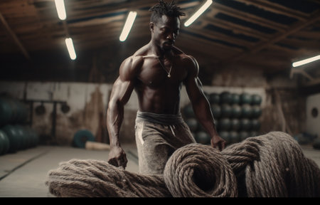 health rope strength athletic gym male muscular sport men exercising fitness. Generative AI.の素材
