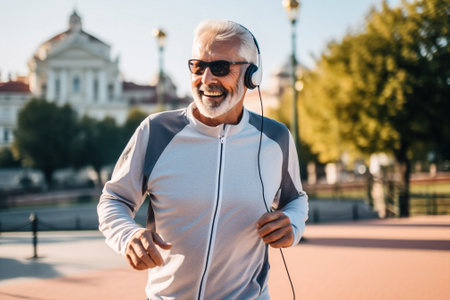 exercising one sport caucasian run lifestyle earphones outdoors men fitness old. Generative AI.の素材