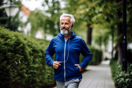 men sport lifestyle male outdoors earphones exercising old caucasian fitness run. Generative AI.の素材