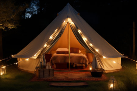 luxury travel nature camping vacation light canvas glamping forest tent. Generative AI.の素材
