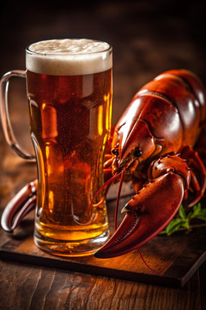 snack seafood crayfish claw glass crab food red beer crawfish background. Generative AI.の素材