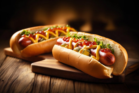 dog fast fat american meat food sausage hot background bread sauce. Generative AI.の素材