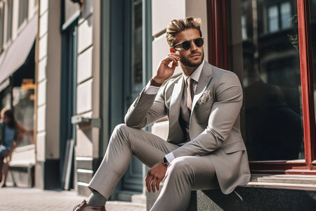 portrait man business urban phone young beard fashion jacket lifestyle adult. Generative AI.の素材