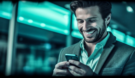 phone mobile smiling businessman street lifestyle professional smartphone happy men city. Generative AI.の素材