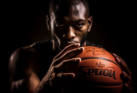 professional man athlete person ball player sports young holding basketball black. Generative AI.の素材